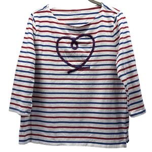 Talbots Women's Top Size Large Petite PL Heart Red White Blue Stripe 3/4 Sleeves